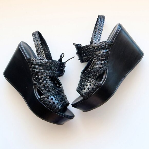 Stephane Kelian Black Leather Platform Wedge Heel Lace Up Sandals / Summer Shoes - Picture 16 of 16